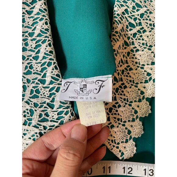 Vintage 80s Teal Two Piece Set Lace Collar Blouse & Skirt Size Medium - Picture 6 of 9